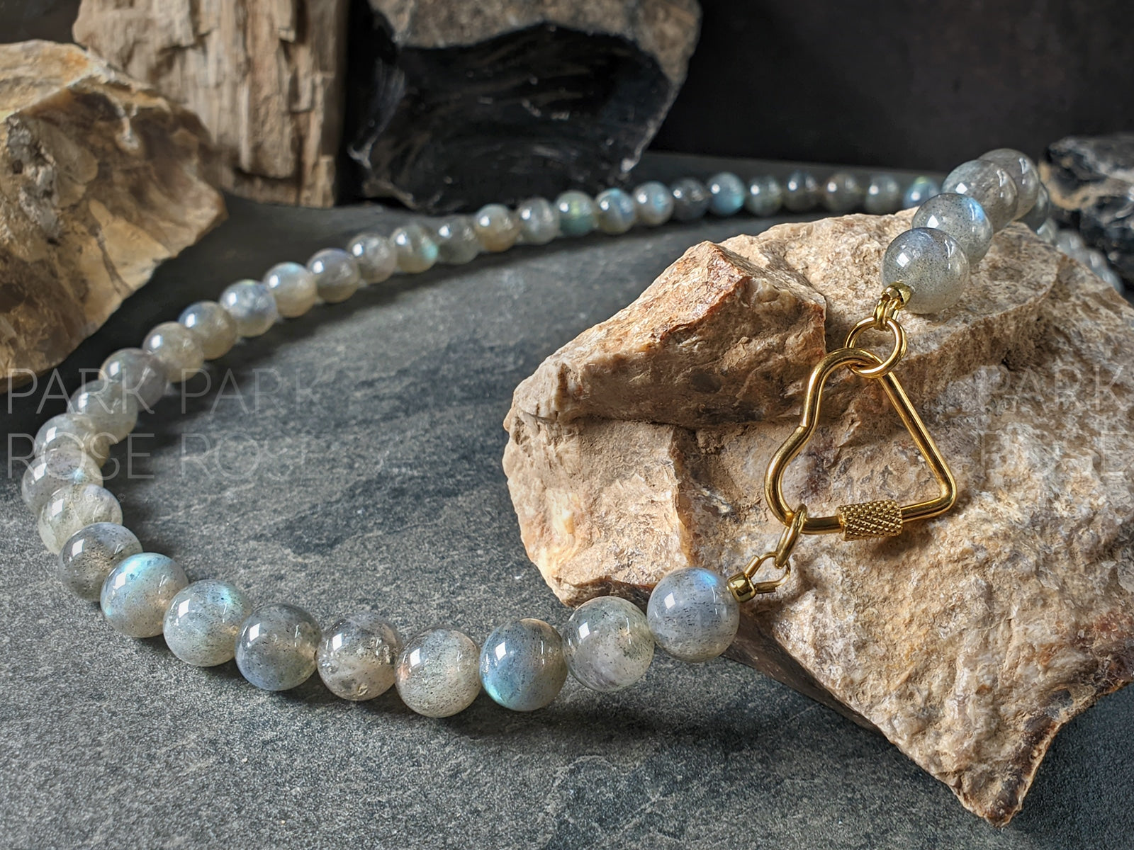 Madagascar Flash Labradorite Stainless Steel Carabiner Necklace (10mm)