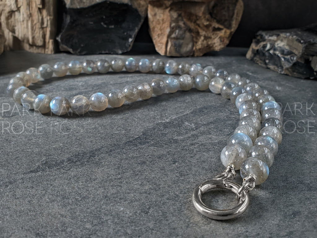 Madagascar Flash Labradorite Stainless Steel Carabiner Necklace (10mm)