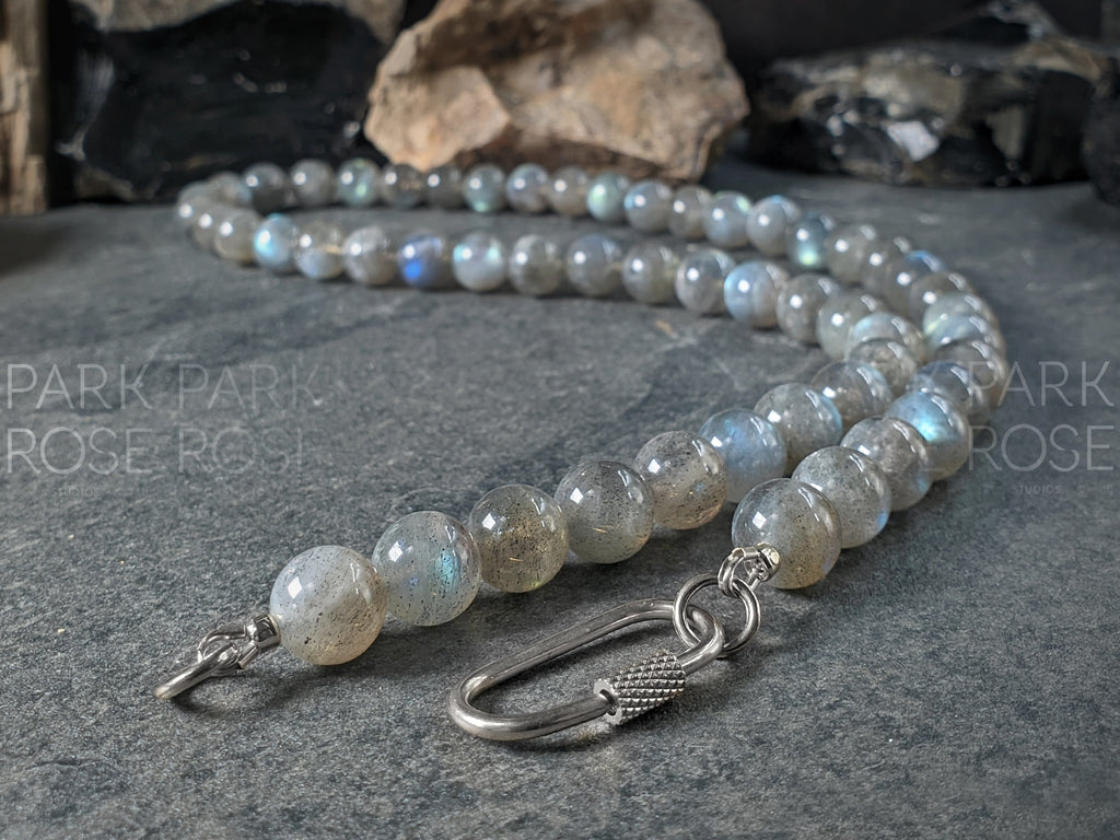 Madagascar Flash Labradorite Stainless Steel Carabiner Necklace (10mm)