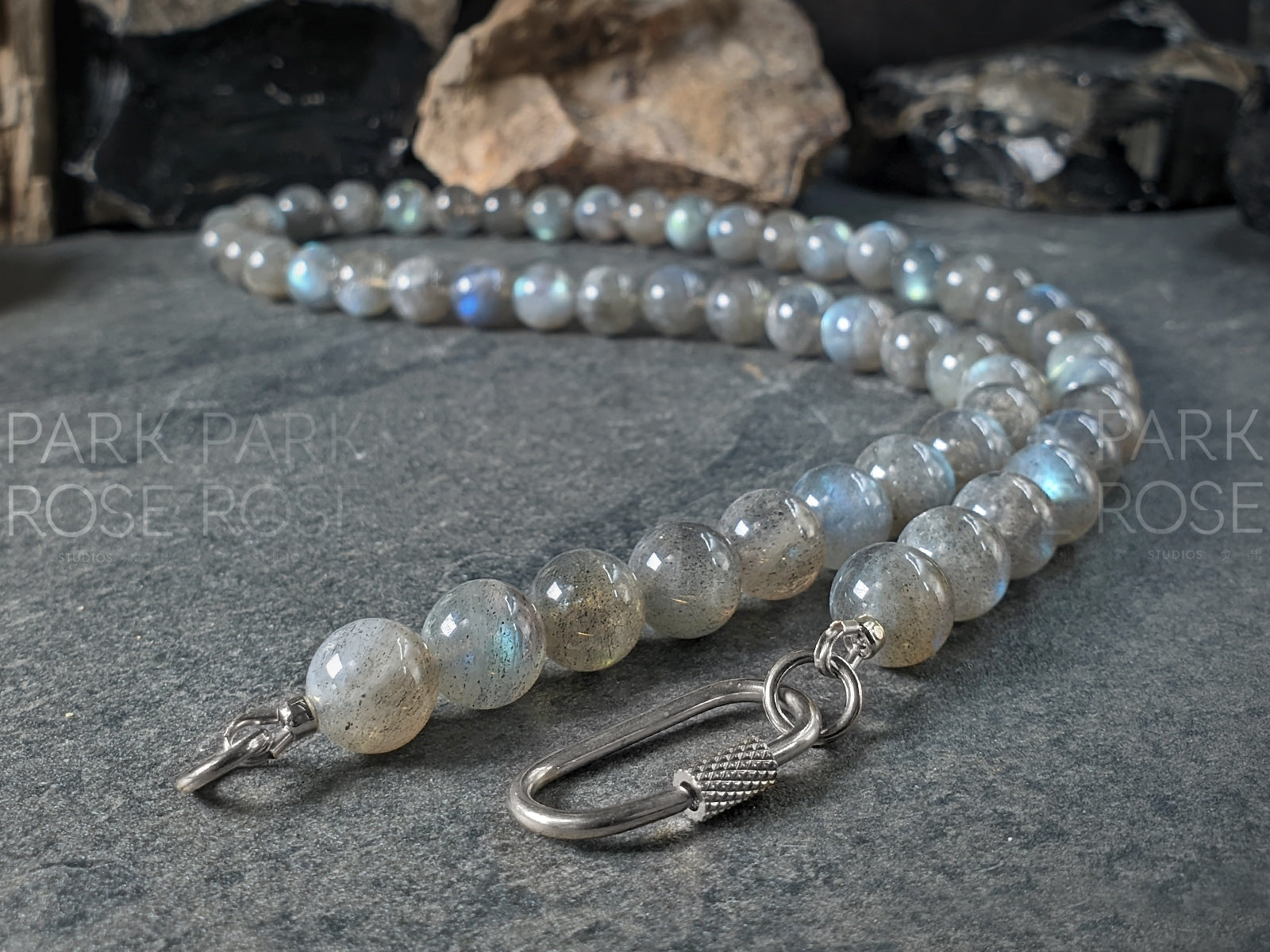 Madagascar Flash Labradorite Stainless Steel Carabiner Necklace (10mm)