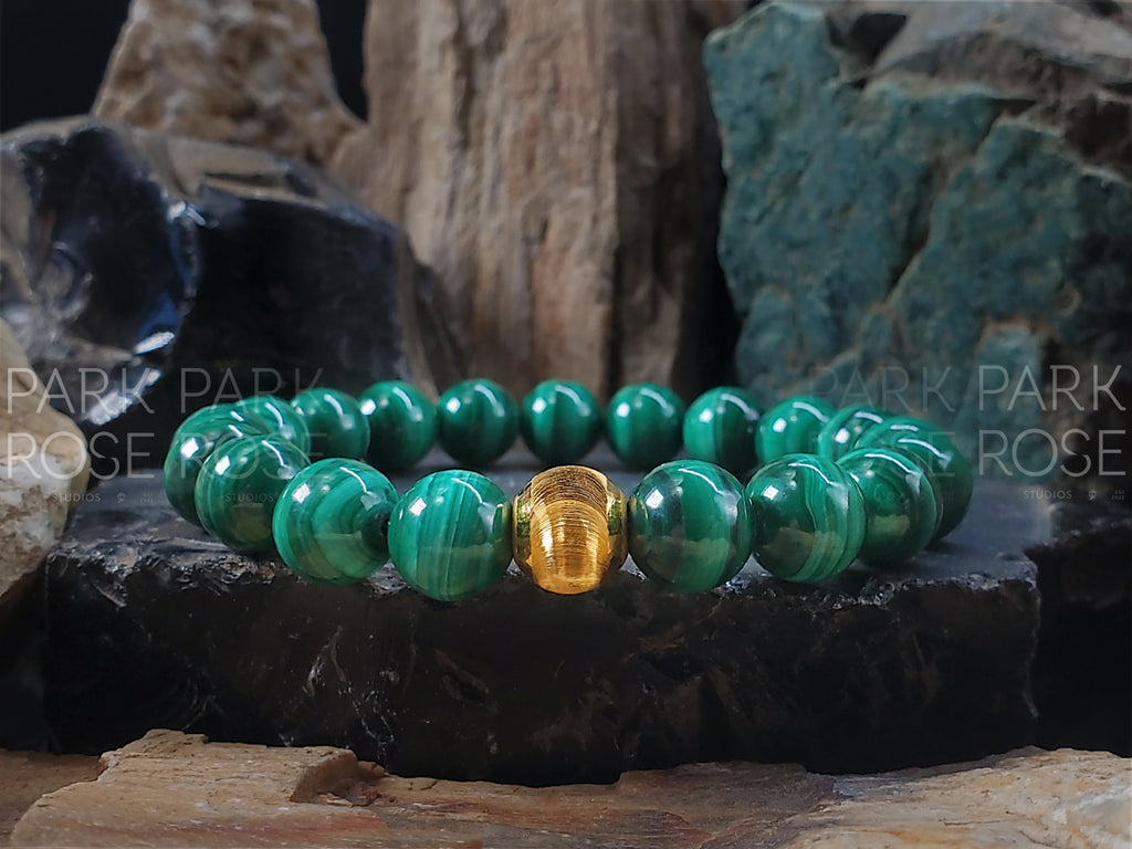 Congo Malachite Gemstone Bracelet: 24K Gold Cat Eye Bead (6/8/10mm)