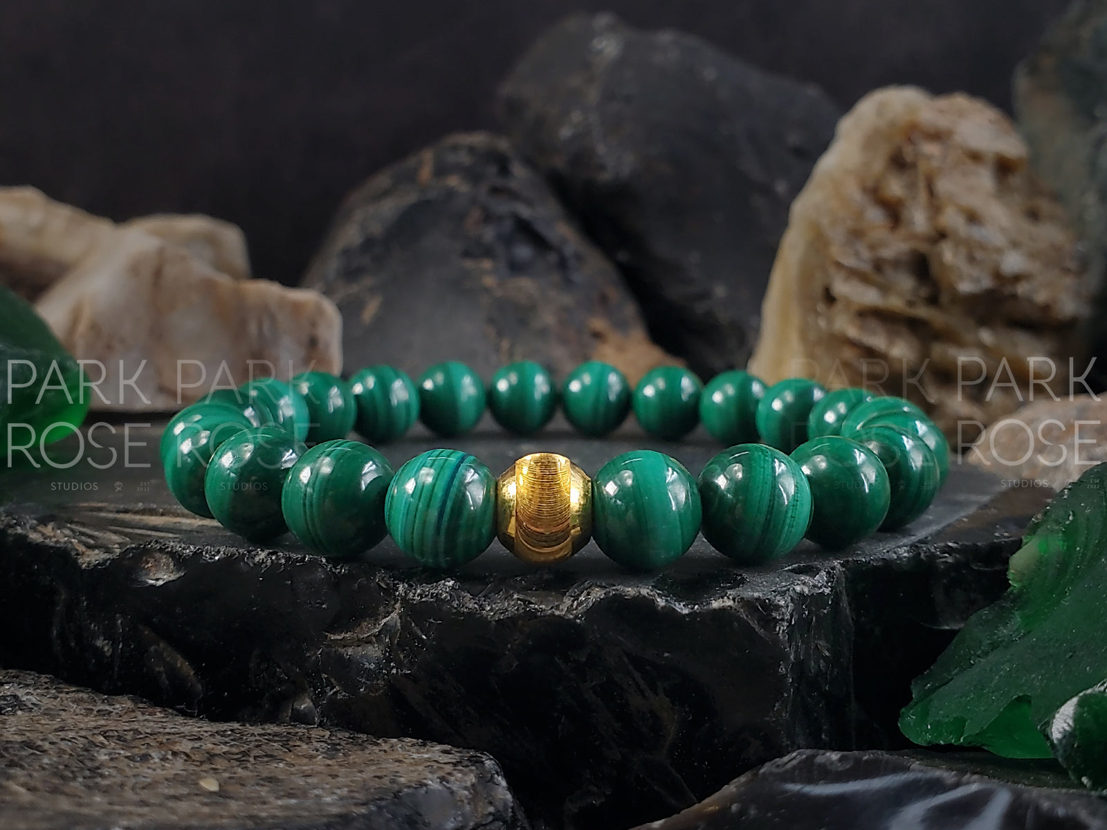 Congo Malachite Gemstone Bracelet: 24K Gold Cat Eye Bead (6/8/10mm)