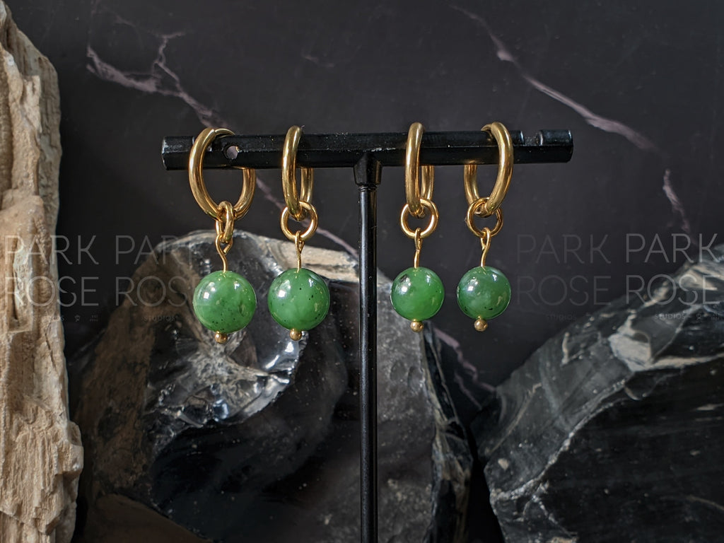 Siberian Green Nephrite Jade Gemstone Hoop Earrings: Stainless Steel 12 Gauge Huggie Hoop (8/10mm)