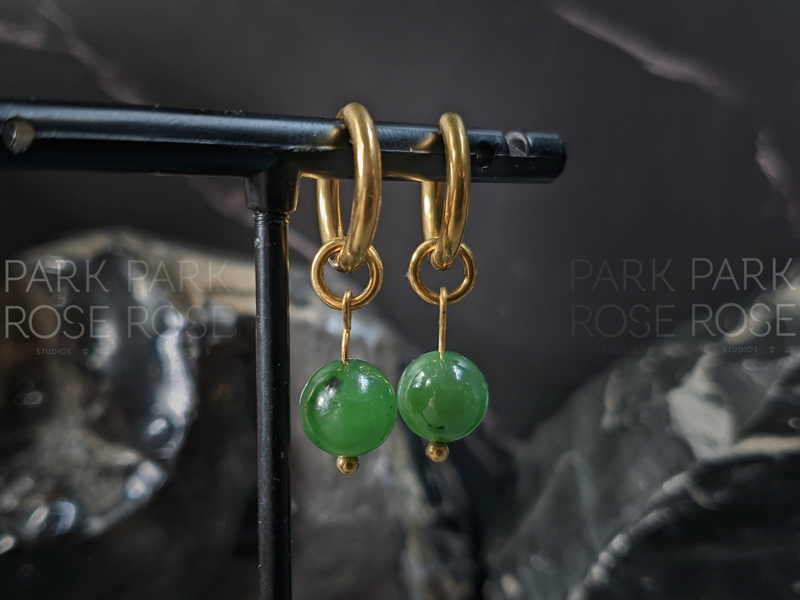 Siberian Green Nephrite Jade Gemstone Hoop Earrings: Stainless Steel 12 Gauge Huggie Hoop (8/10mm)
