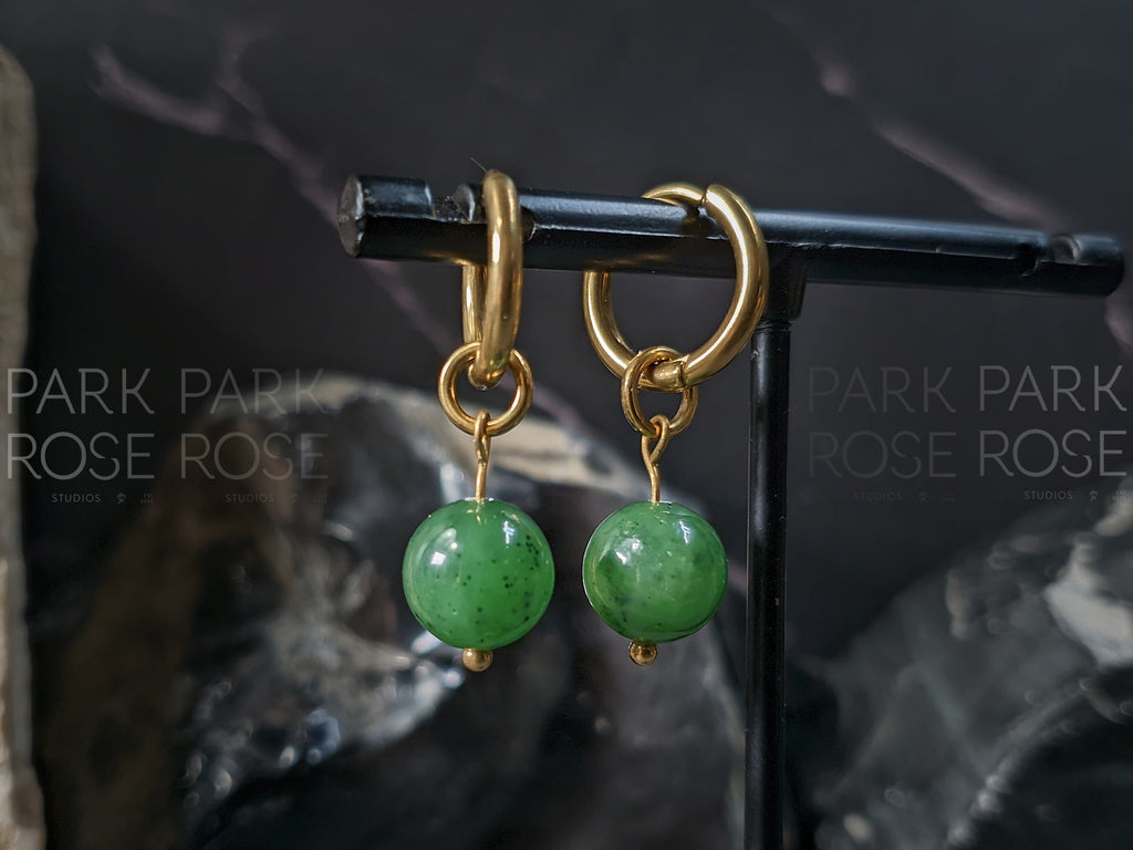 Siberian Green Nephrite Jade Gemstone Hoop Earrings: Stainless Steel 12 Gauge Huggie Hoop (8/10mm)