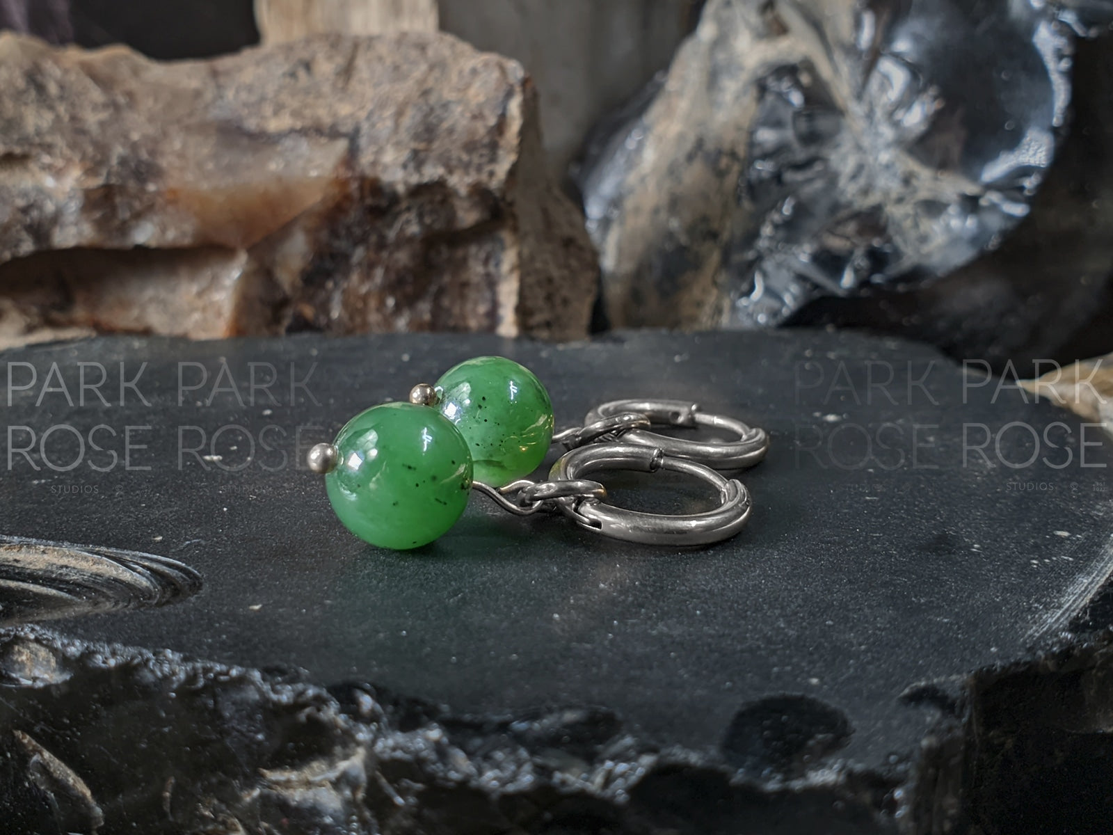 Siberian Green Nephrite Jade Gemstone Hoop Earrings: Stainless Steel 12 Gauge Huggie Hoop (8/10mm)